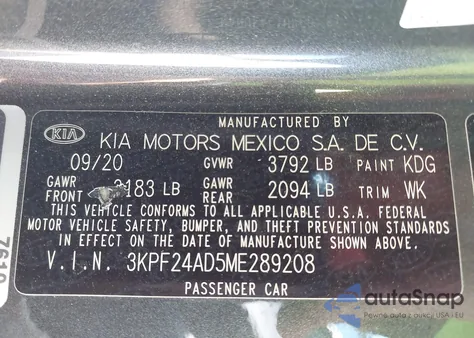 2021 Kia Forte Lxs z USA, uszkodzony, nr VIN 3KPF24AD5ME289208